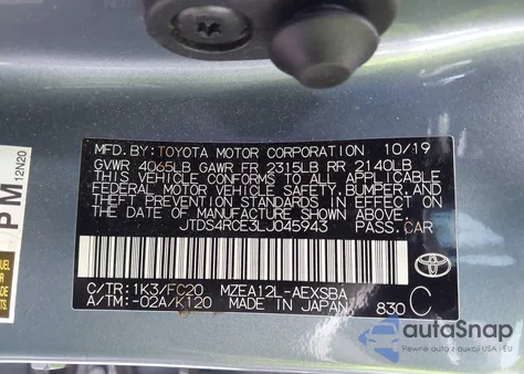 2020 Toyota Corolla Se z USA, uszkodzony, nr VIN JTDS4RCE3LJ045943